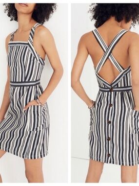 Madewell Evelyn Stripe Apron Mini Dress Linen Blend Cross Back Size 0